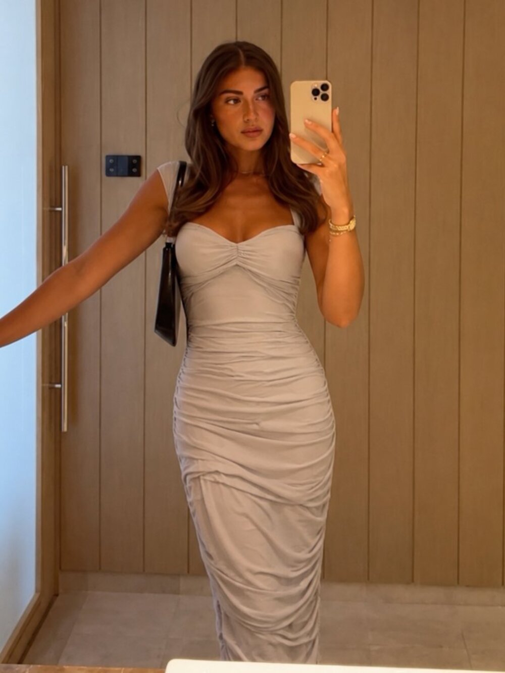 Cream Fitted Midi Dress Size Small Formal Beige Gathered Bodycon